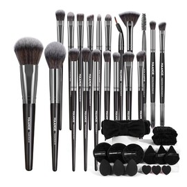 MAANGE 35Pcs Set de Brochas para Maquillaje Incluir 20Pcs Brochas Maquillaje 12Pcs Esponjas para Polvos y 3Pcs Diadema para el Cabello Juego de Brochas para Viajes y Uso Diario(Plata negra, 35 Pcs Set)