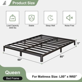 Lutown-Teen 5 Inch Queen Bed Frame with Rounded Corner Legs, Heavy Duty Metal Queen Platform Bed Frame with Steel Slats Support, No Box Spring Needed, Noise Free, Easy Assembly