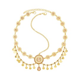 Cleopatra Headpiece - Gold Headpiece, Gold Head Chain, Gold Headpiece Cleopatra, Gold Headband, Egyptian Headpiece, Ethnic Double-layer Coin Head Chain with Tassels and Diamond Flower Forehead Chain