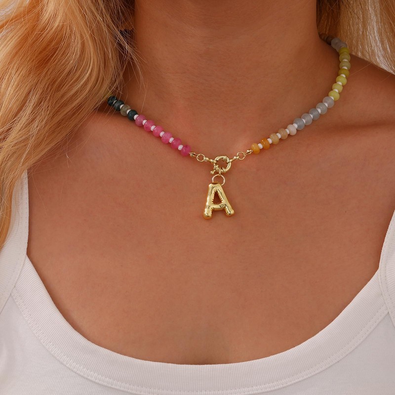 Apsvo Bubble Letter Necklace Gold, Colorful Beaded Gemstone Necklace for