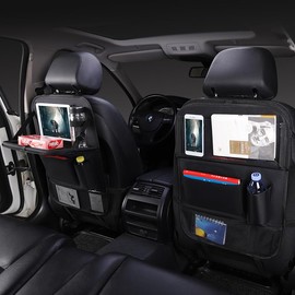 2 pc Backseat Organizer for Kids with Tablet Holder Food Tray 6 Pockets Car Seat Organizer Car Seat Storage Car Seat Back Protectors Kick Mats for Car organizer (black)