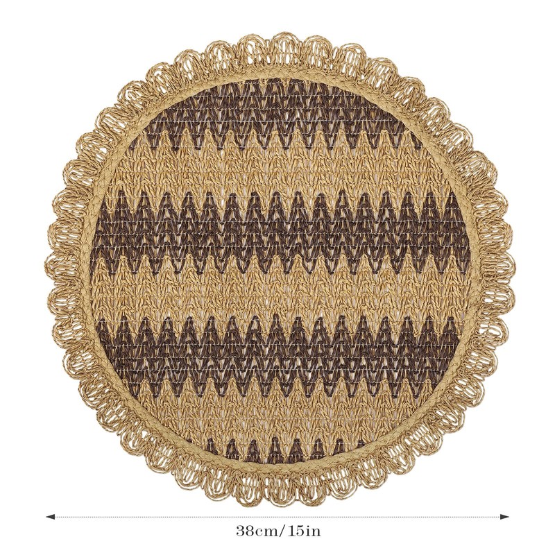 fanquare Boho Round Woven Placemats Set of 6, 15" Scalloped