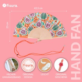 Fisura Fig Pattern Wooden Fan Modern Colourful Accessory Portable Orange Hand Fan with Hanger Perfect for Hot Days Measures 42.5cm x 23cm