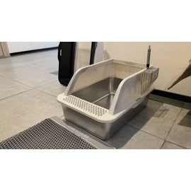 Stainless Steel Litter Box, Large Metal Cat Litter Box with High Sided for Big Cats, Enclosed Litter Boxed with Lid, Easy-Clean Cat Litter Mat & Scoop Kit, Non Sticky, Anti-Urine Leakage（White）