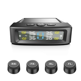 Tire Pressure Monitoring System with 4 External sensors, TPMS Tire Pressure Monitor System & 6 Alarm Modes, Solar & USB Charge, Easy to Install, LCD Real-time Display, Auto Sleep Mode