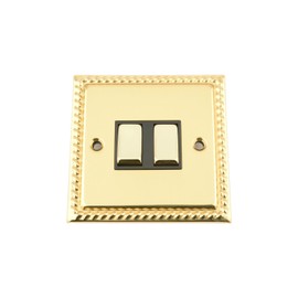 Light Switch Double 2 Gang - Polished Brass Georgian - Black - Metal Rocker Switch - 10 Amp 2 Gang 2 Way