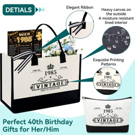 TrophyToast 40th Birthday Gifts for Women Her- 4 pcs, Turning 40 Year Old Gifts, Birthday Decorations Canvas Beach Tote Bag & Makeup Bag, Unique Happy 40th Birthday Gifts for Her Mom Wife Friends