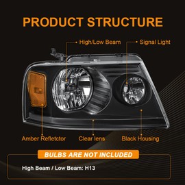 DimFlux Headlight Assembly, Headlights Kit Compatible with 2004-2008 Ford F150/2006-2008 Lincoln Mark LT Replacement Headlamp Black Housing Amber Reflector