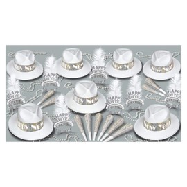 Ziggos Party LA Swing Silver New Years Eve Party Kit for 10 People with 5 Velour Fedoras, 5 Glittered Tiaras, 10 Prismatic Horns, 5 Party Beads