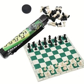 Portable Travel Chess – 16.9" Roll-Up Faux Leather Board with Plastic Pieces and Storage Tube – Ideal for Adults and Game Nights