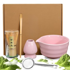 5-Piece Matcha Tea Set: Pink Matcha Ceramic Matcha Set, Matcha Whisk Set, Matcha Bowl, Japanese Tea Set, Whisk Holder, Strainer, Japanese Accessories for Matcha Ceremony