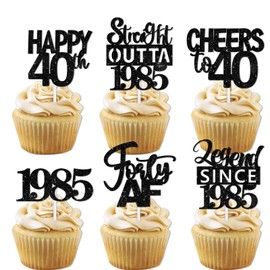 18pcs Black Glitter Dessert Cupcake Pick for Straight Outta 1985 Legend Since 1985 Theme Decor Supplies Men Happy 40th Birthday Party Decoration