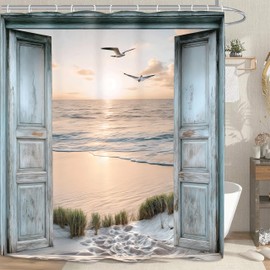 Vengaot Beach Coastal Shower Curtain 72Wx72L Inch Ocean Rustic Teal Barn Door Nautical Summer Hawaiian Seascape Seaside Wave Retro Wood Bathroom Curtains Sunrise Waterproof Fabric 12 Plastic Hooks