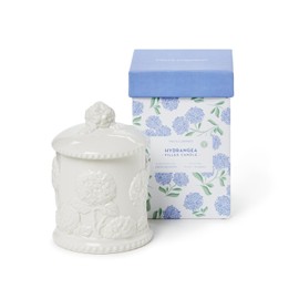 Two's Company Hydrangea Relief Filled Candle | Handcrafted Fine Bone Porcelain with Intricate Hydrangea Design | Fresh Blooms Scent | 100% Soy Wax | 30-Hour Burn Time | Elegant Gift Box