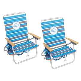 Tommy Bahama 2-Pack 4-Position Extended 12.8" seat Height Easy in-Easy Out Folding Backpack Beach Chair, Logo Stripe