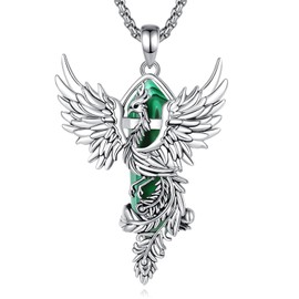 Vito Malachite Phoenix Necklace for Women Men, Silver Plated Copper Phoenix Pendant Hexagonal Prism Malachite Crystal Protection Energy Amulet Jewelry Gift for Mom Wife, 20+2", Silver plated Copper,