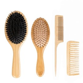 Juego de 4 cepillos de bambú para el cabello, cerdas de jabalí y peines desenredantes, herramientas para el cuidado del cabello con cerdas naturales, 
