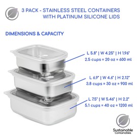 Stainless Steel Food Storage Containers with Clear Platinum Silicone Lids, Airtight, Leakproof 18/8 (304) Food Grade SS Nested 3Pk 20/30/40 oz Plastic-Free