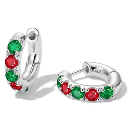 GLoquat Silver Dainty Red and Green Cubic Zirconia Hoop Earrings for Women Christmas Huggies Stud for Adult Sterling Silver Post Hypoallergenic Trendy Jewelry for Birthday Anniversary Earring