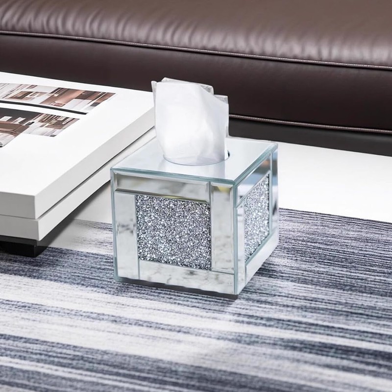 Mirrored Tissue Box Cover Holder, Square Glass Facial Tissue Holder