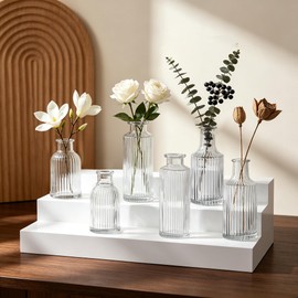 Mini Ribbed Glass Bud Vases Set of 6, Small Fluted Glass Flower Vases for Wedding Reception Centerpieces, Tabletop Decorations, Modern Home Decor