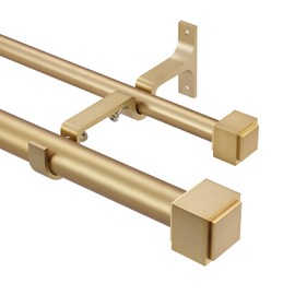 Kemmie Double Curtain Rods with Square Heavy Duty Aluminum Alloy Finials 36 to 72” Telescoping Rod 1 Inch Diameter Front Rod and 5/8 Inch Diameter Back Rod Window Drapery Rods, Warm Gold