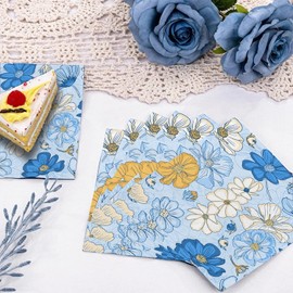 Servilletas desechables de papel de cóctel, 120 servilletas florales azules, servilletas estampadas florales azules, para despedidas de soltera, bodas, té y fiestas