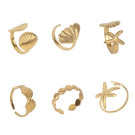 Mikovivi 6pcs Gold Seashell Starfish Ring Set, Adjustable Dainty Stainless Steel Beach Jewelry Elegant Summer Jewelry Accessory for Women