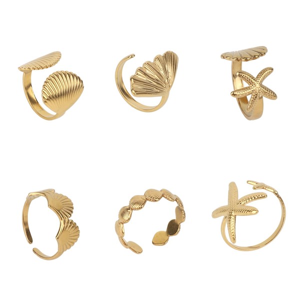 Mikovivi 6pcs Gold Seashell Starfish Ring Set, Adjustable Dainty Stainless