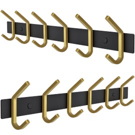 Coat Rack Wall Mount – Black and Gold Hook Rail with 6 Double Coat Hooks, 17 Inch Stainless Steel Wall Hooks for Entryway, Bathroom, Bedroom, Closet, Towel, Hat, Bag, Heavy Duty Organizer - 2 Pack