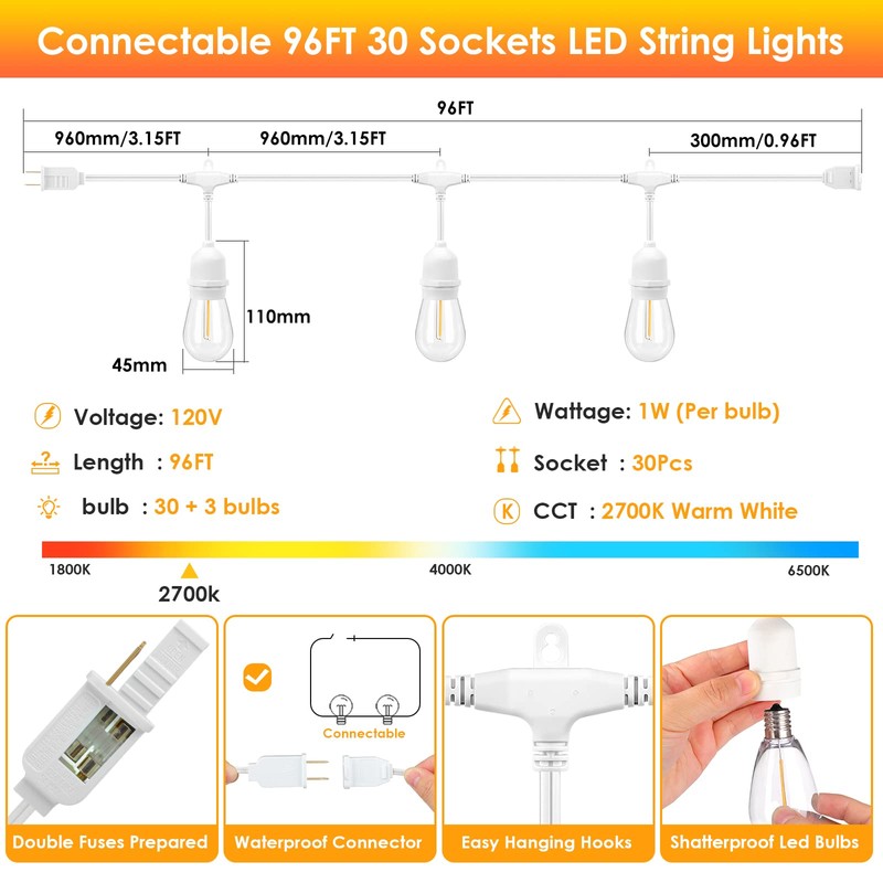 Mlambert 96FT LED Outdoor String Lights, Dimmable Waterproof Patio Lights