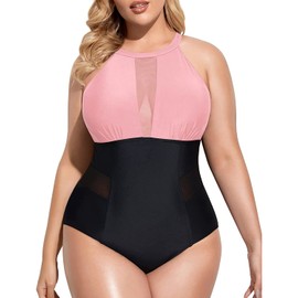 Daci Women Plus Size One Piece Swimsuits High Neck Plunge Mesh Cut Out Bathing Suits Pink and Black X-Large