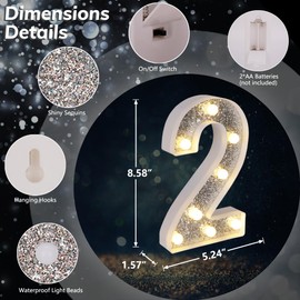 Marquee Light Up Letters, Glitter Silver LED Letter Lights Battery Powered Alphabet Letter Sign for Night Light Wedding Birthday Party Cafe Bar Decoration Girls Room Decor - Letter 2