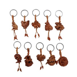 Vctitil Peach Blossom Wood Keychain 10 Animal Zodiac Keychains Mascot Bag Pendant Lucky Car Keyring Gift Feng Shui Keychain Carved Wood Keyring