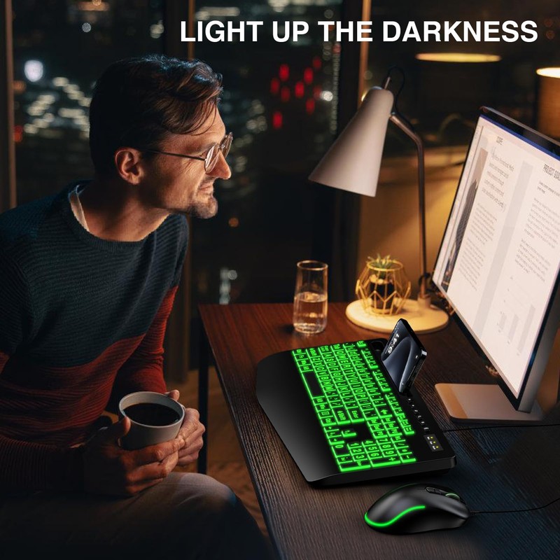 Wired Keyboard Mouse Combo - Large Print Backlit, Ergonomic Wrist