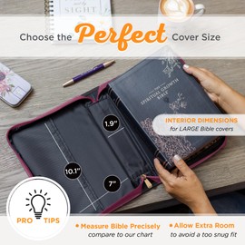 Christian Art Gifts Plum Pink Fashion Bible Cover for Women: Be Strong & Courageous - Joshua 1:9 Inspirational Scripture, Vegan Leather Book Carry Case w/Sleeves, Zipper, Pocket & Pen Storage, Large