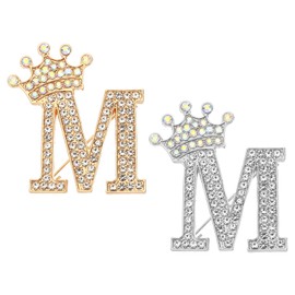 PATIKIL Letter Brooch Pin 2 Crown Initial Rhinestone Alphabet M Letter Lapel Badge Pin for Women Suit Dress Coat Closes Craft Gold/Silver Tone, Alloy Steel Rhinestone Alloy Steel Beads Rhinestone