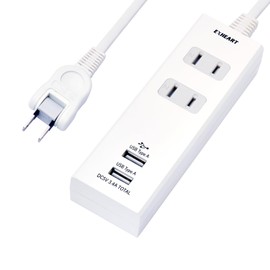 EXHEART Power Strip with USB Port, 3 m (AC x 2 / USB x 2), Rapid Charging, Extension Cord (High Output, Up to 3.4 A), Outlet, White, Power Strip Switch (Movable Plug/Dust Proof Shutter)
