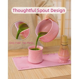ZENS Matcha Set Pink, Japanese Matcha Tea Ceremony Kit, 6pcs Matcha Tea Set with Bamboo Whisk and Ceramic Bowl & (Chasen Holder) Scoop, and Sifter Soft Towel, Gift for Matcha Latte Lover