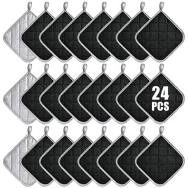 Aemygo 24 Pcs Pot Holders Bulk for Kitchen Heat Resistant, 7X 7Inch Cotton Potholders with Hanging Loops Square Hot Pads Oven Pot Holder Trivet for Cooking Baking（Black
