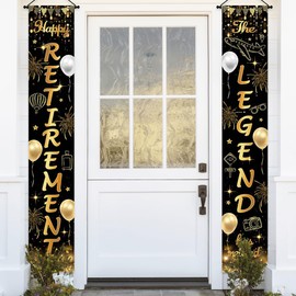 Printspree Retirement Porch Sign Banner Set - 12x71 Inch Black and Gold Design - Happy Retirement and The Legend has Retired - Durable Polyester for Indoor and Outdoor Use