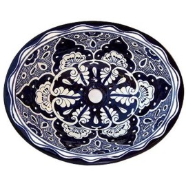 TalaMex 17"x 14" Mexican Talavera Traditional Blue Ceramic Handmade Bathroom Sink