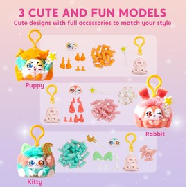 Klever Kits DIY llavero de felpa para hacer manualidades, juego de manualidades y manualidades con 3 modelos, crea tu propio llavero relleno para niños y niñas de 6 a 7 a 8 a 9 años