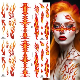 6 Sheets Flame Temporary Tattoo Stickers Realistic Waterproof Face Body Arm Makeup Decoration for Women Men Halloween Party Arm Collarbone Leg DIY Art Props (Orange)