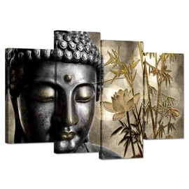 ZingArts 4 Panel Buddha Canvas Prints Wall Art Buddha Statue with Gold Lotus Bamboo Zen Painting Religon Pictures Print On Canvas Stretched and Framed for Modern Home Decor Rerdy to Hang