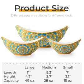 LAUCHUH Serving Dishes for Entertaining, Porcelain Serving Bowls with Handles Bohemian Salad Bowls Set Nesting Bowls for Kitchen, Thanksgiving, Christmas, Set of 3, 15/28/49 oz, Blue and Yellow