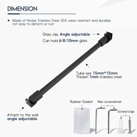 Matt Black Stainless Steel Wall-To-Glass Support Bar Support Arm for 1/4" 5/16" 3/8", or 6mm 8mm 10mm Thick Glass for Fixed Frameless Shower Glass Panel, by M-Home (50cm)