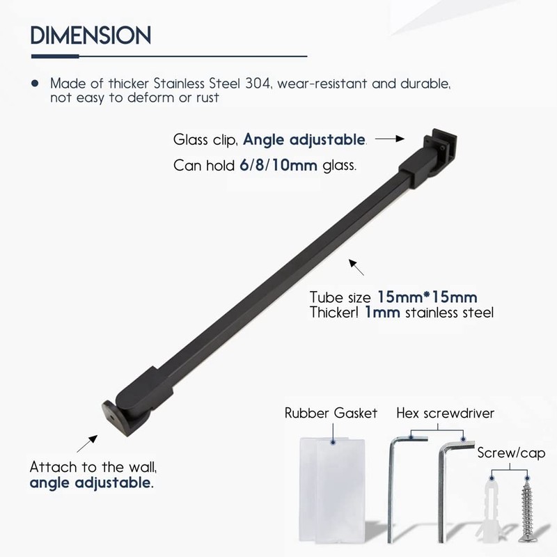 Matt Black Stainless Steel Wall-To-Glass Support Bar Support Arm for