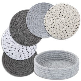 Trivets for Hot Dishes, Pots and Pans, Hot Pads with Storage Basket, Pot Holders for Kitchen, Heat Resistant Mat Protect Counter Home Essentials, Farmhouse Decor (Mix Gray 5 PCS)