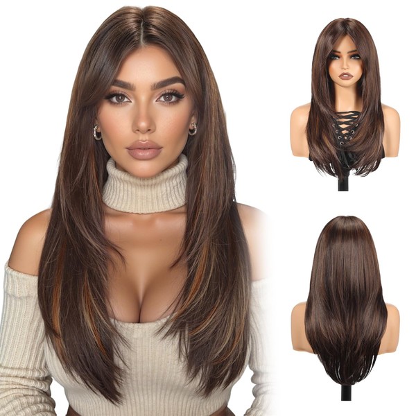 purshine Long Black Mix Brown Wig with Bangs for Women,